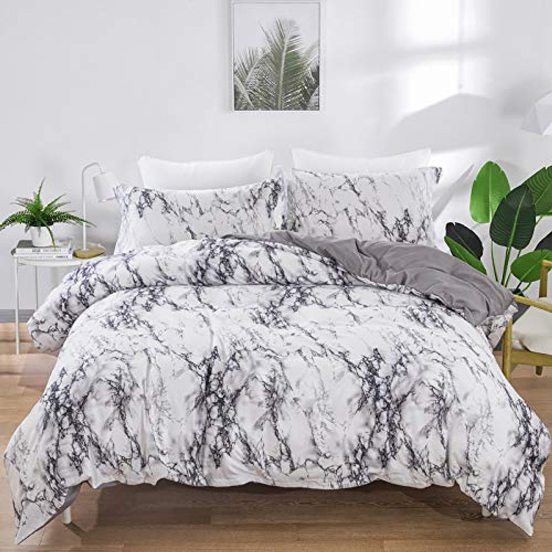 Producto WONGS BEDDING Ropa de Cama de Mármol Blanco Funda Nórdica Grande 3 Piezas Moderno Reversible Gris Impreso Microfibra Edredón Ropa de Cama Conjunto Cierre de Cremallera 220x240 cm