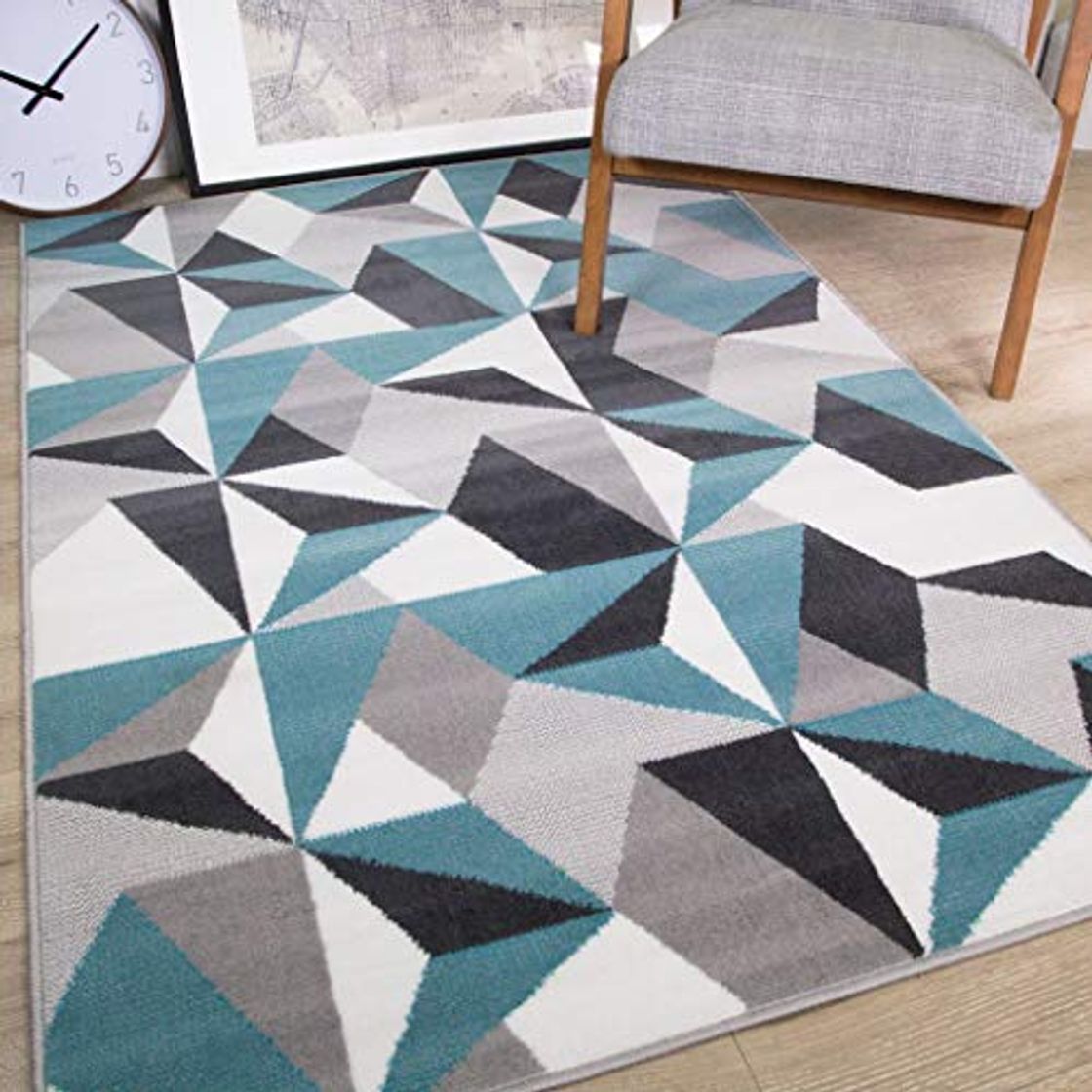 Productos The Rug House Alfombra para Sala de Estar con diseño Moderno geométrico caleidoscopio Tradicional Color Gris Plateado Crema Azul Huevo de Pato