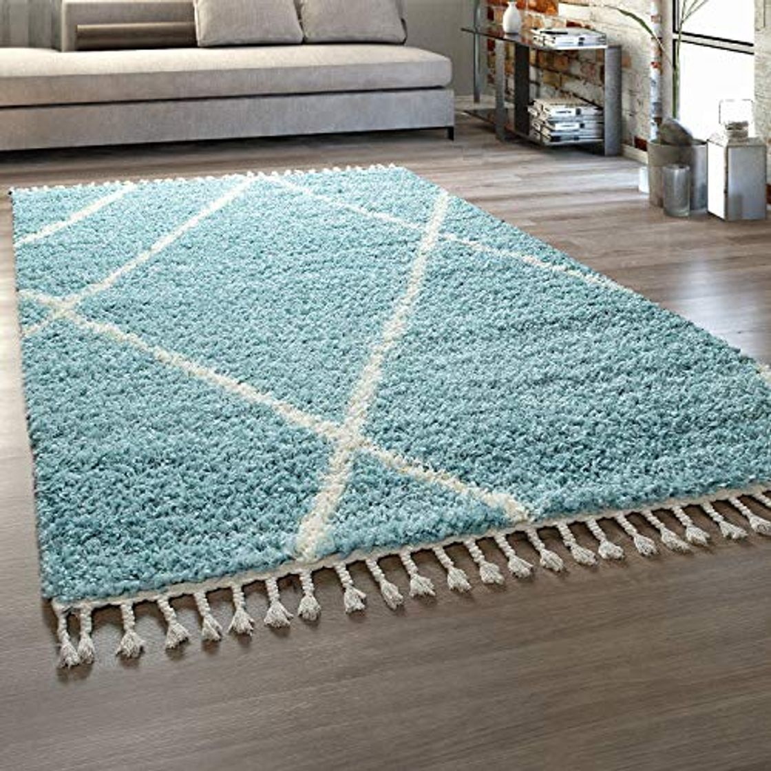 Product Alfombra Pelo Largo Salón Turquesa Colores Pastel Rombos Suave Shaggy con Flecos,