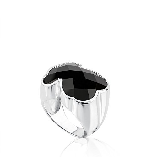 Fashion TOUS Anillo Mujer Plata de Primera Ley con oso en Ónix negro,