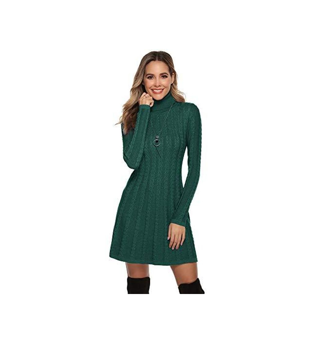 Moda Hawiton Vestido de Punto para Mujer Vestido de Suéter de Cuello Alto Elegante Jersey de Manga Larga de Una Línea para Otoño Invierno