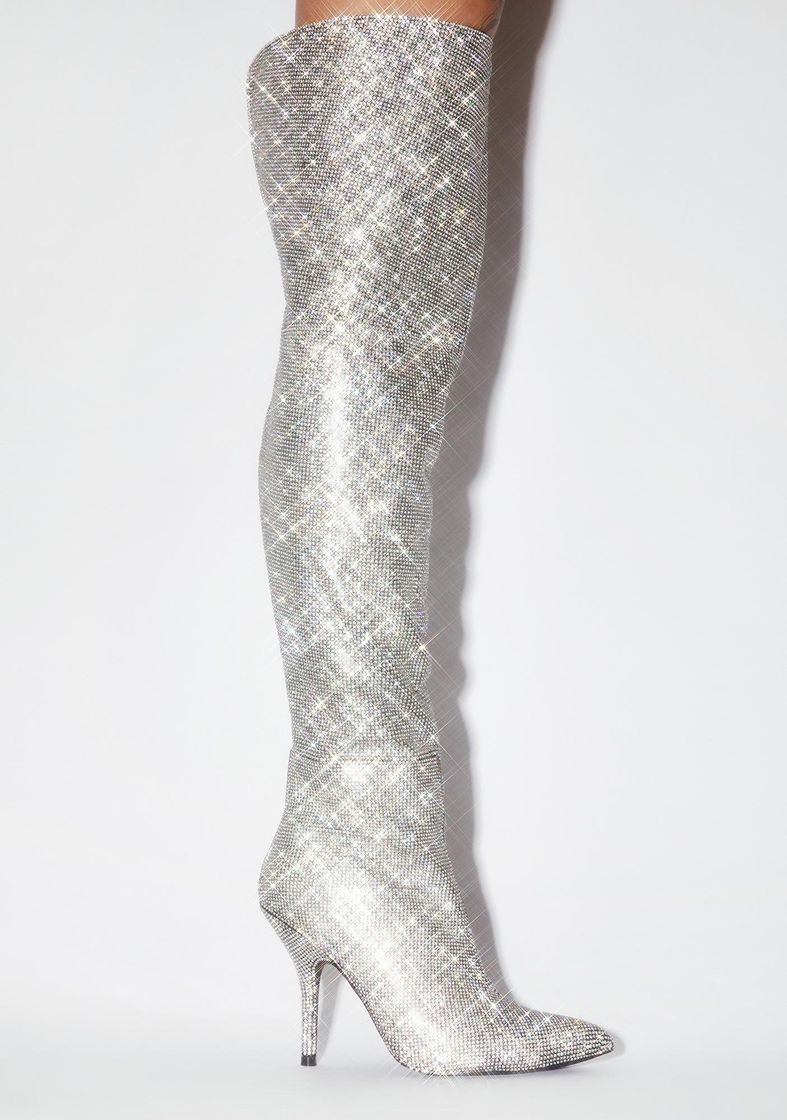 Social Rhinestone Embellished Thigh High Stiletto Heel Boots - Silver