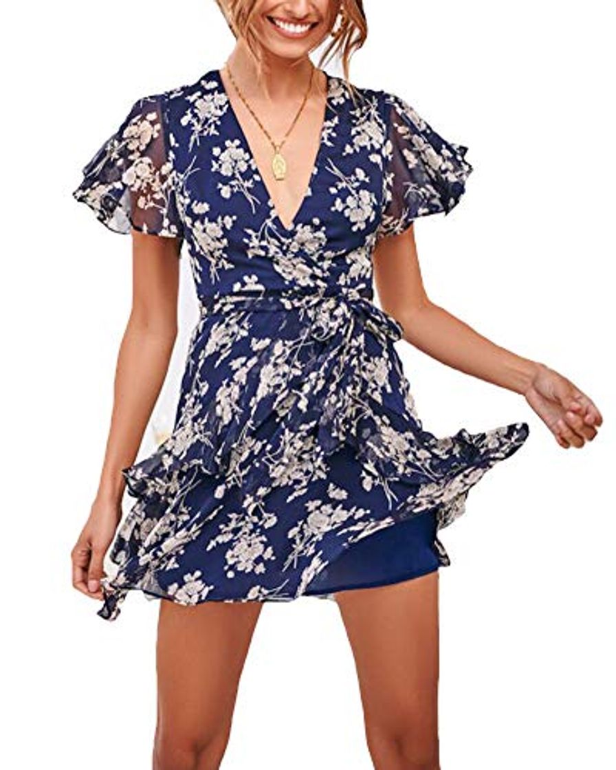 Social Vestido Corto Mujer Flounced para Fiesta Verano Manga Corta Cuello En V Floral Estampada Azul S