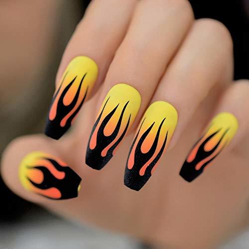 Product NYJNN Uñas postizas Uñas resistentes al fuego mate negro-amarillo presionando sobre el