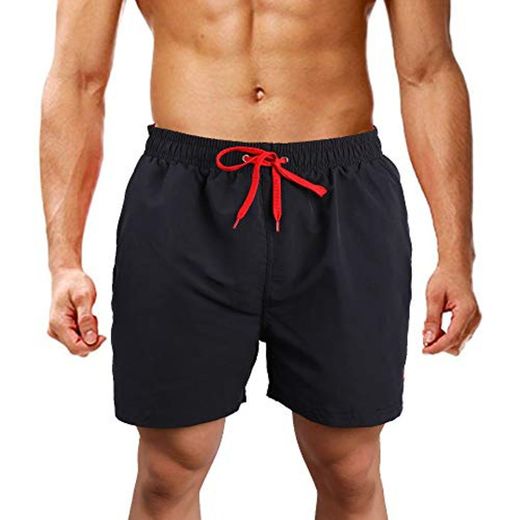 LK LEKUNI Bañador Hombre Pantalones de Playa con Forro con Cordón Traje de Baño Pantalón Ceñido_Negro_M