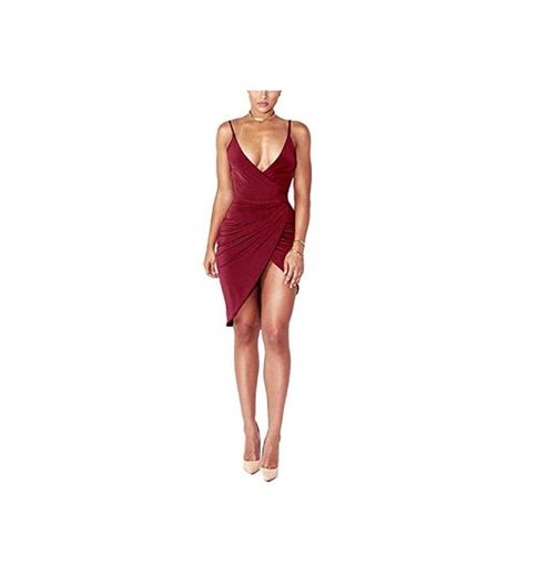 DRESHOW Women's Sexy Deep V Neck Sleeveless Spaghetti Strap Bodycon Wrap Dress Front Slit Bandage Midi Club Dress