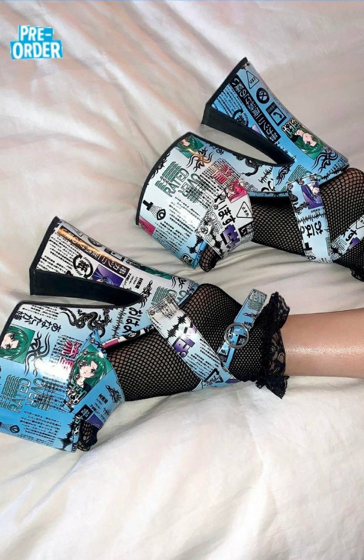 Moda Current Mood Anime Newsprint Platform Heels - Blue | Dolls Kill