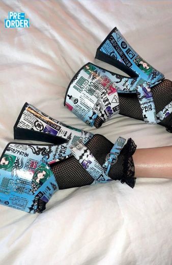 Current Mood Anime Newsprint Platform Heels - Blue | Dolls Kill