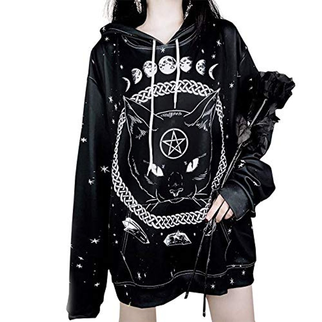 Social Sudaderas con Capucha con Estampado de Gato gótico Mujeres Sudaderas con Capucha Sueltas de Manga Larga Informal