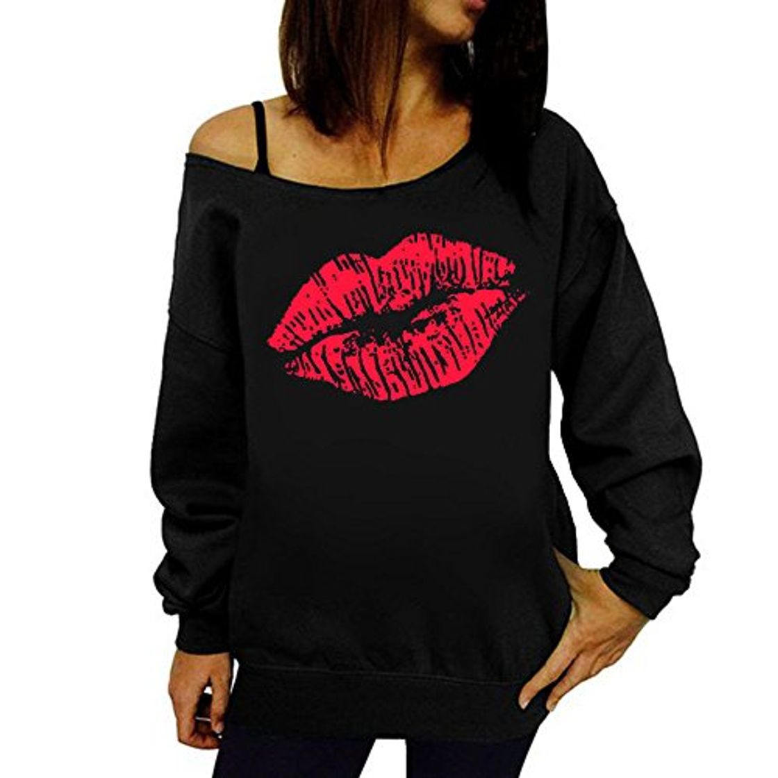 Moda VJGOAL Mujeres otoño Casual Sexy Labios Impreso Manga Larga Sudadera Pullover Tops