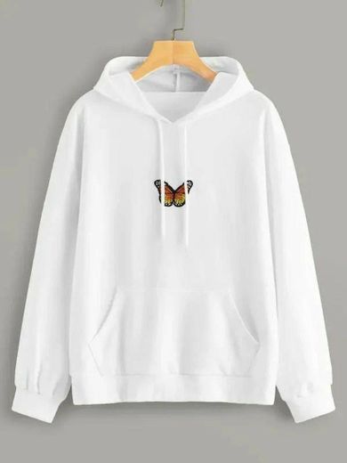 Women Butterfly Patched Drawstring Hooded Sweatshirt
