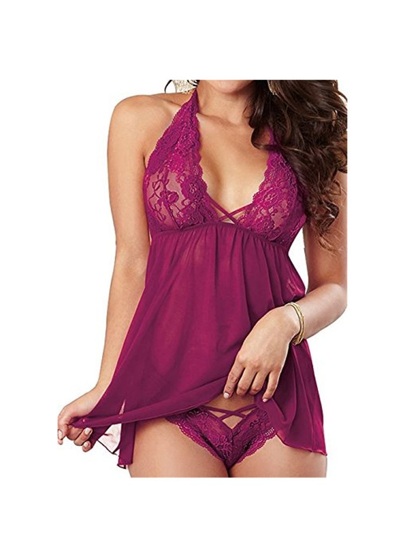 Social lencería erótica mujer, Mujer Camisón Conjunto de Lencería Halter Backless Encaje Tul