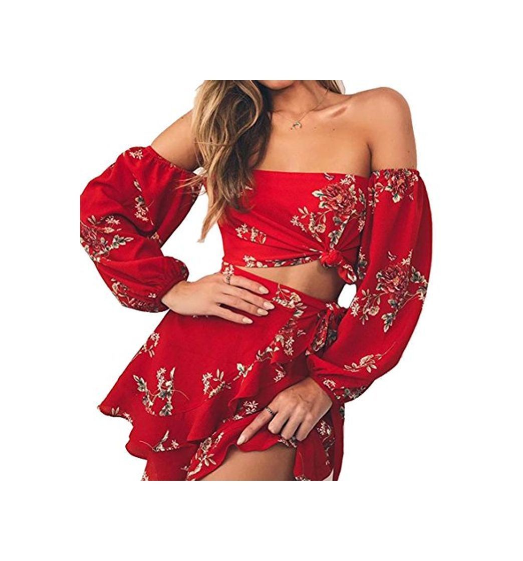 Social Longwu Mujer Boho Flower Impreso Off Shoulder Outfits Conjunto de Dos Piezas