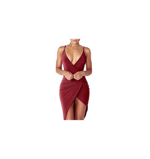 DRESHOW Women's Sexy Deep V Neck Sleeveless Spaghetti Strap Bodycon Wrap Dress