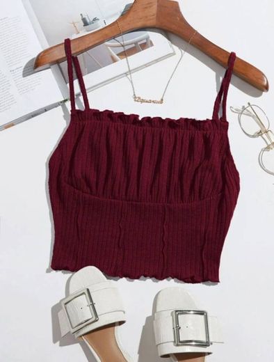 Frill Trim Ruched Front Rib-knit Cami Top.
