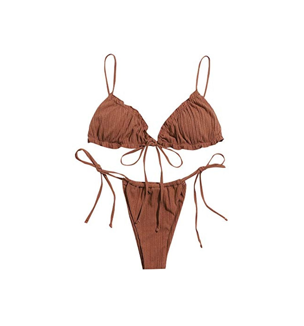 Social SOLY HUX Bikini Sexy Brasileño de Bañador Bikini con Cordón Lateral Ribete con Fruncido Verano para Mujer Ropa de Baño Adecuado Viajes Playa La Natacion Café Integral S