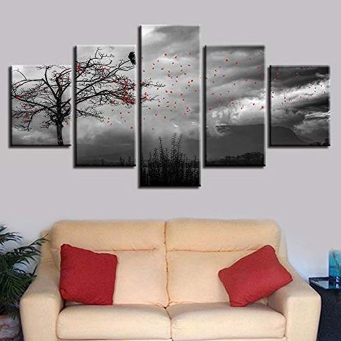 Product LVGUMM Imagen De ImpresióN Lienzos 150x80 CM Fondo De Pantalla De PóSter HD Lienzo Modular 5 Piezas Cielo Nubes Oscuras Árbol Pájaro Pétalos Rojos Del Hogar Sala De Estar Cuarto De Los NiñOs Decoració