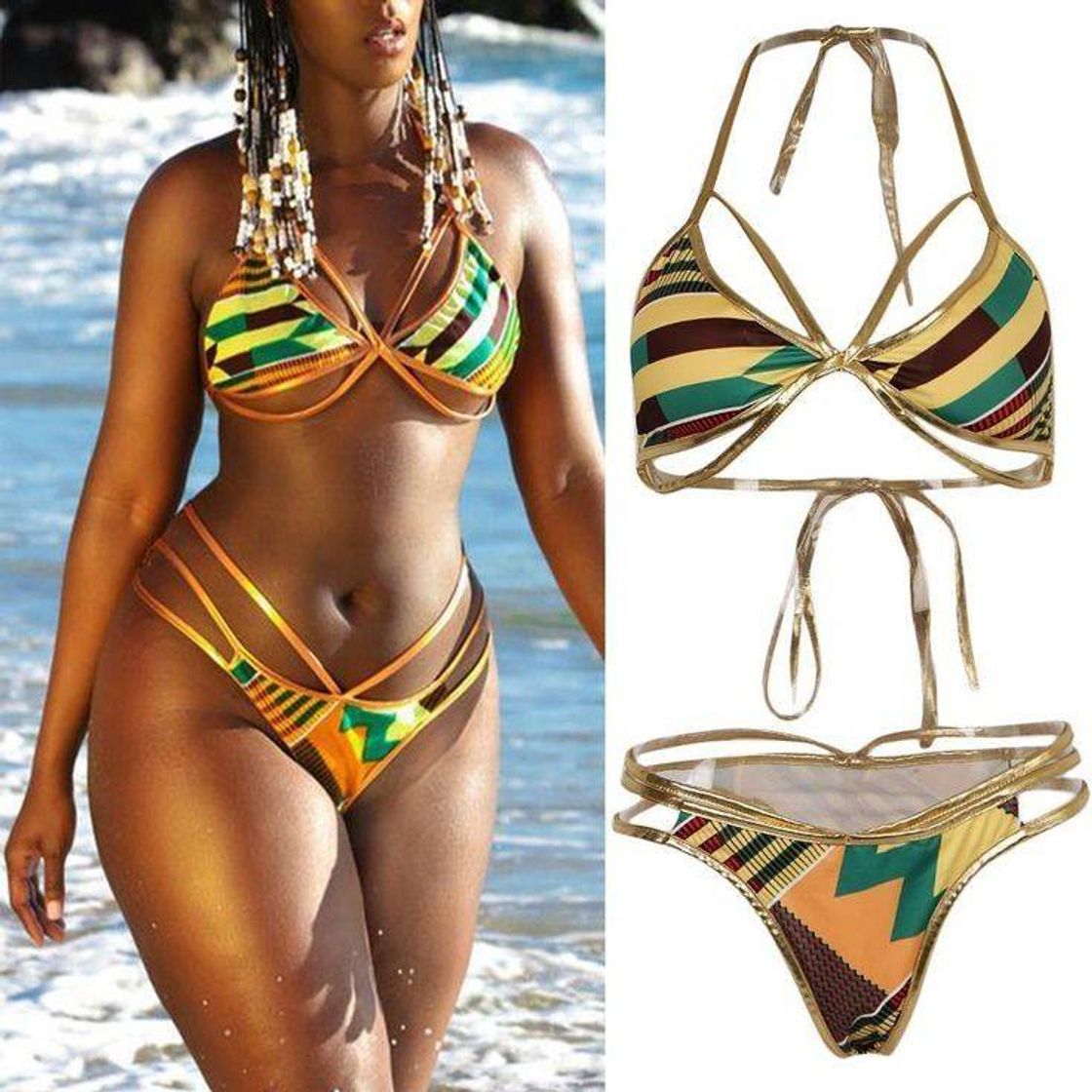 Fashion Sexy Halter Ethic Printed High Cintura Bikini Set

