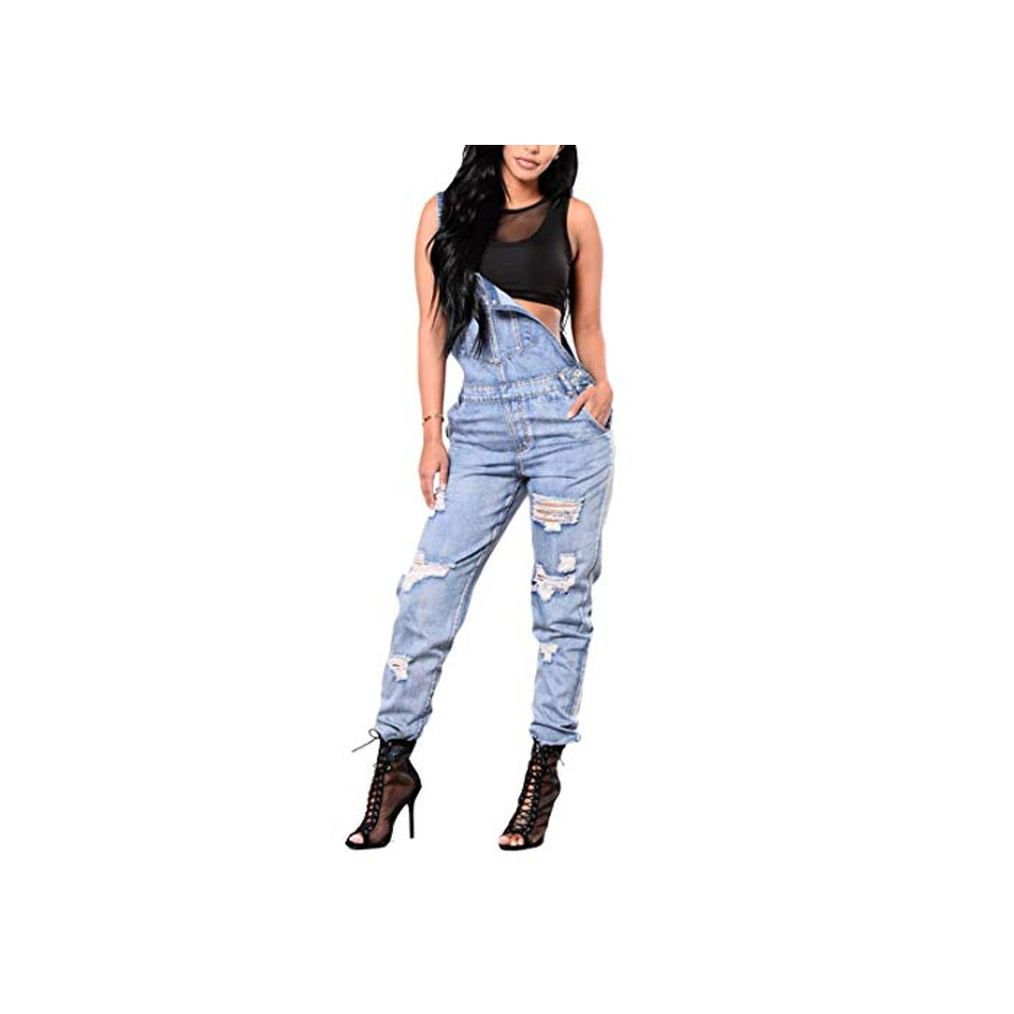 Fashion Huicai Wonen Playsuit Baggy Straight Jeans Casual Demin Jumpsuits Agujero Overoles Distressed Long Denim Correa Ajustable con Bolsillos Maxi Pantalones Vaqueros