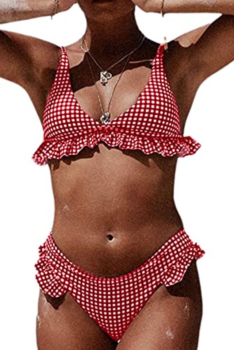 Fashion JFAN Triangular Conjunto de Bikini de Impresión a Cuadros con Volantes para