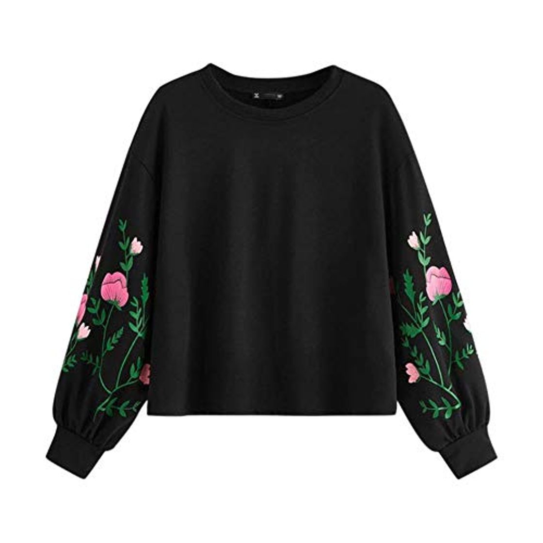 Moda UKKD Sudadera Female Sweatshirt O Neck Long Sleeve Botanical Floral Print Sleeve Pullovers Sweatshirt Top Preto XL