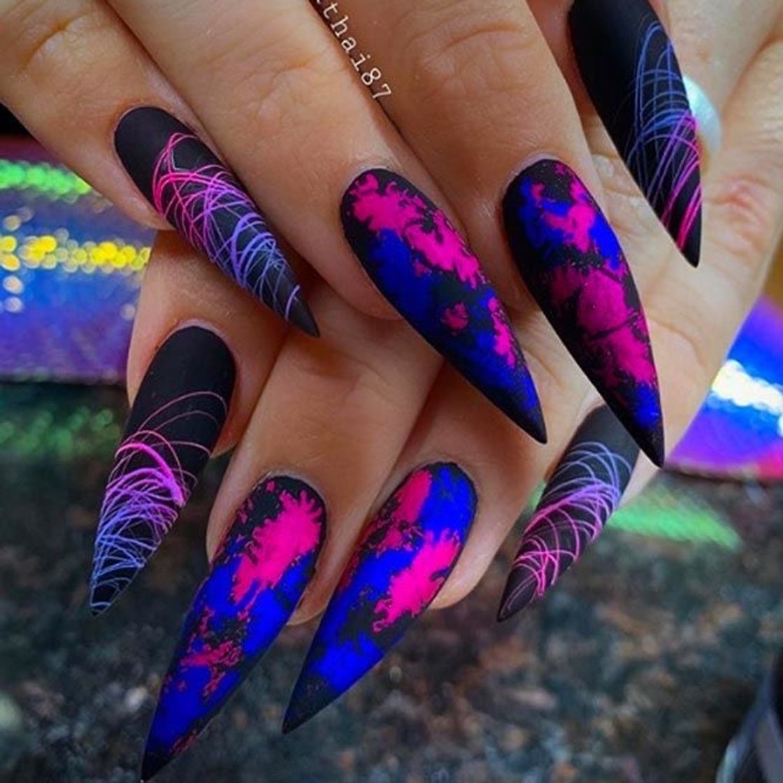 Fashion black, pink, blue and purple nails