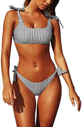 Yuson Girl Conjuntos De Bikini Rayas Talle Alto Retro Brasileños Mujer Sexy Traje De Baño Cuello Halter Strapless Off Shoulder Bra Top Bikini Push Up Anudado Tanga Braga Bikini Triangulo Alta