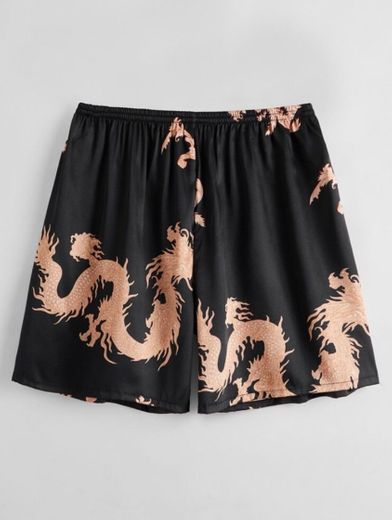 Men Dragon Print Satin Pajama Shorts