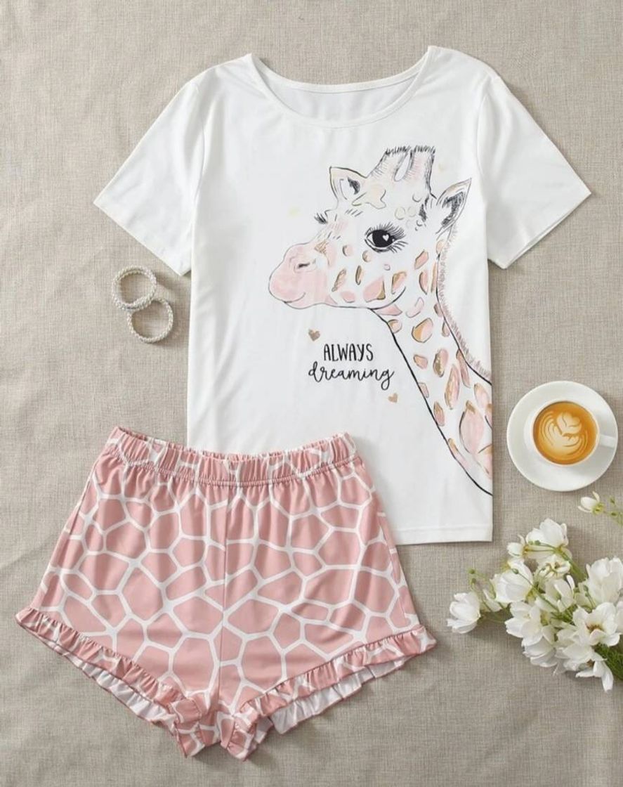 Fashion Conjunto de pijama con estampado de letras y jirafa - Shein