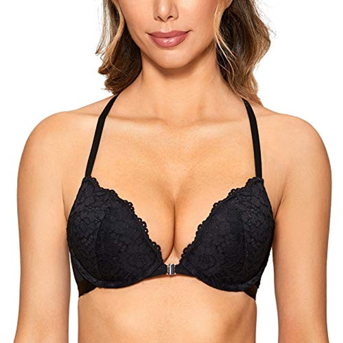 Product DOBREVA Sujetador Encaje Push Up Cierre Delantero con Aros para Mujer Negro 90E