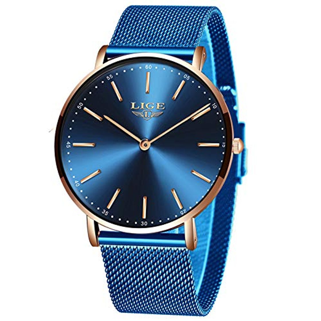 Fashion LIGE Relojes Unisex Hombre Mujer Casual Ultra Delgado Reloj Simple Cuarzo Analógico 3ATM Impermeable para Masculino Minimalista Azul Malla Gents Hombre Reloj de Pulsera