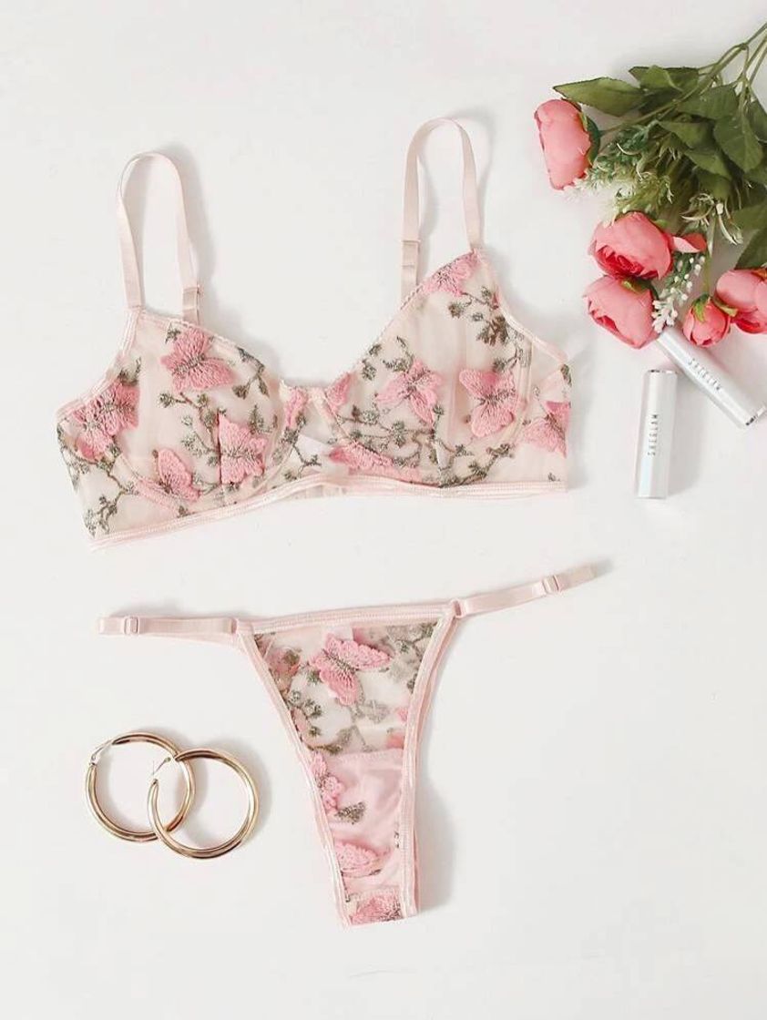 Fashion Lingerie bordada flores rosa