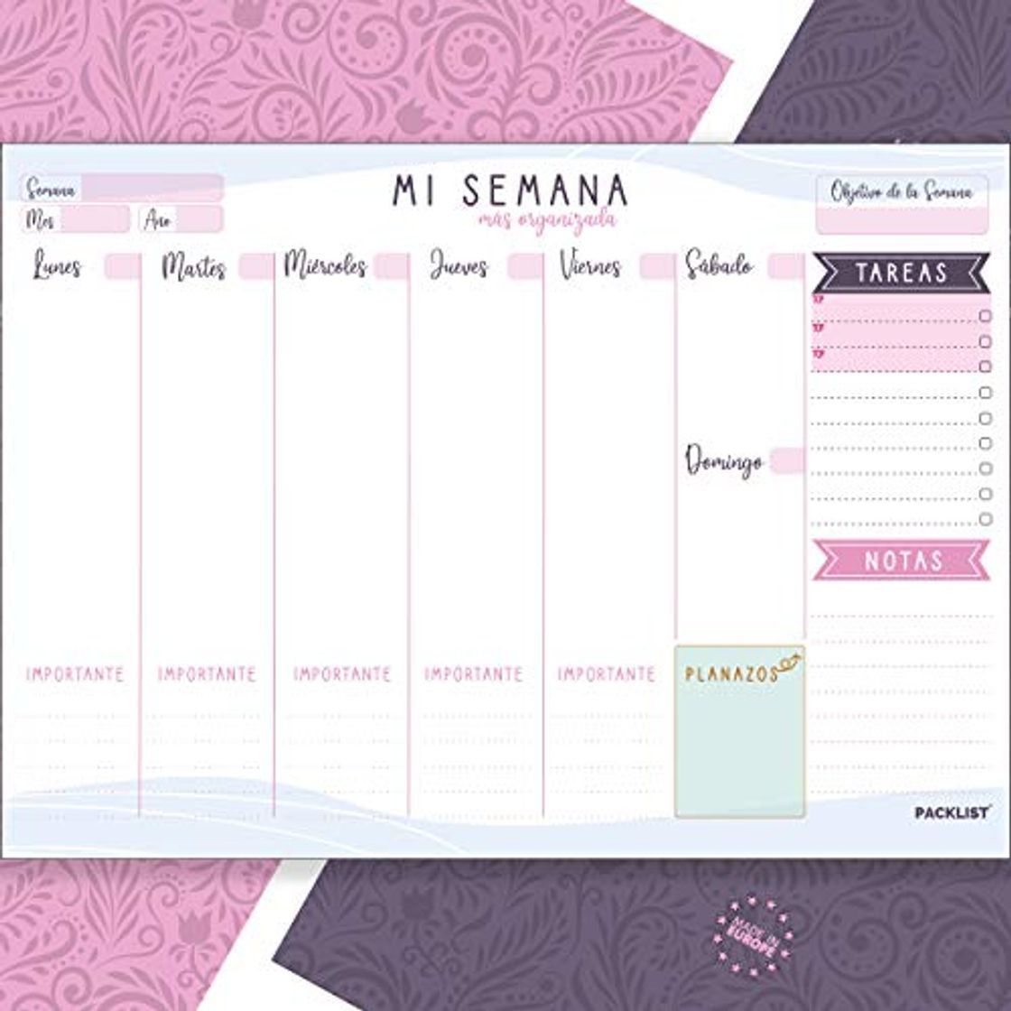 Social PACKLIST Planificador Semanal. Organizador Semanal A4