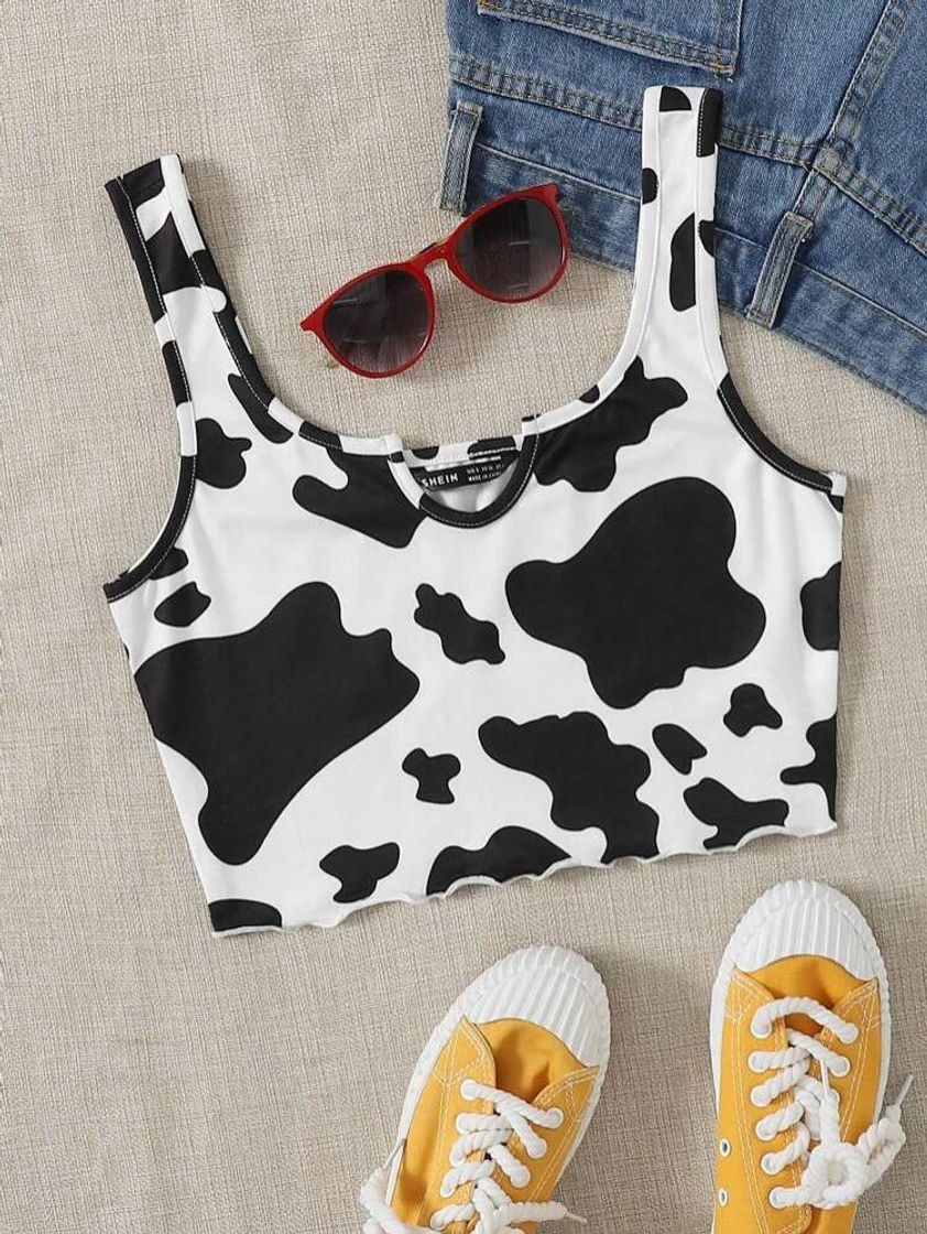 Fashion SHEIN Camiseta De Alças Com Estampa De Vaca Com Corte De Alf