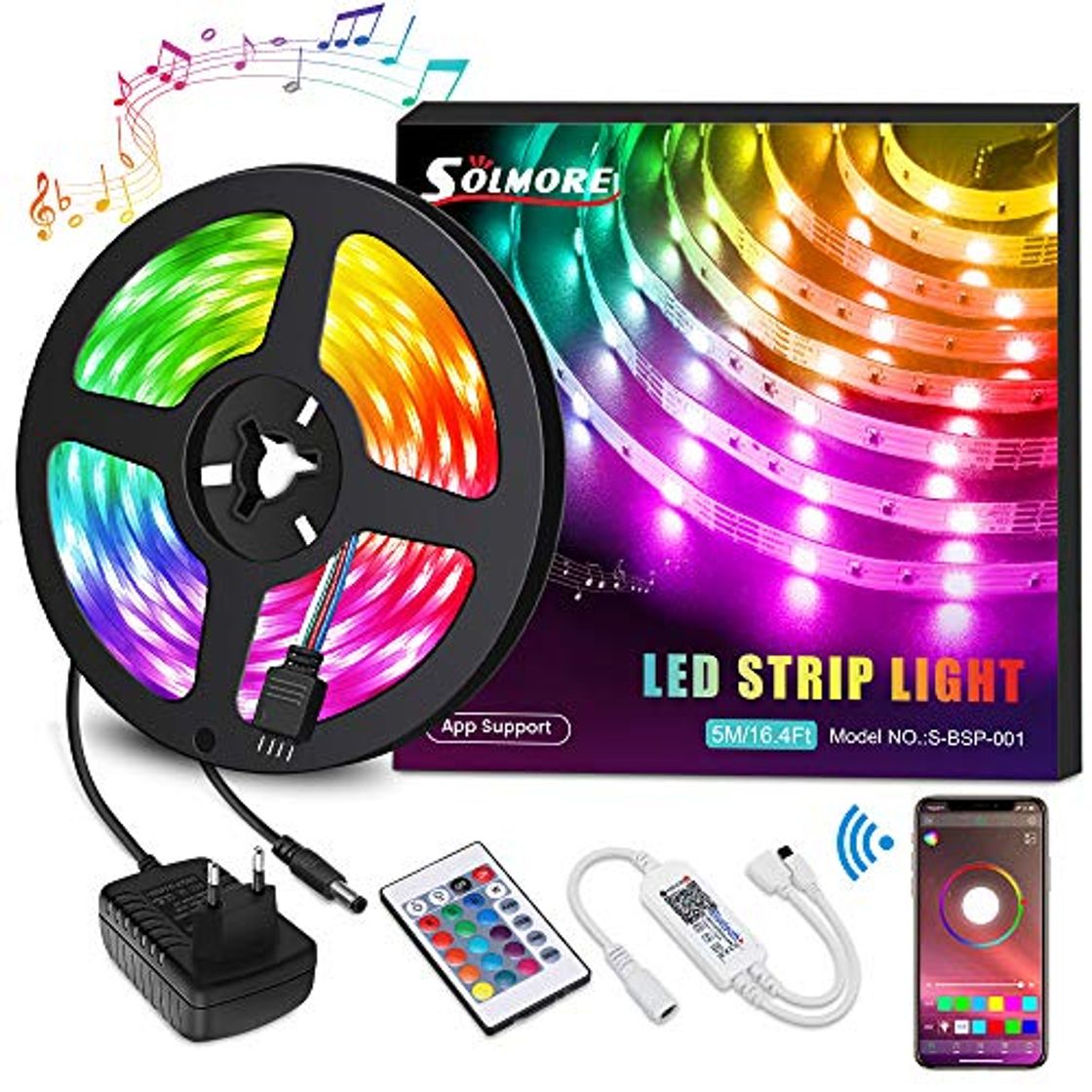 Product Tira LED Bluetooth 5M, SOLMORE Tira Música RGB 5050 150 LEDs/Música Activada