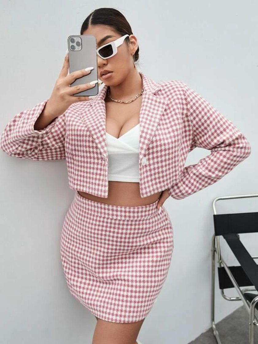 Plus Ginghan Blazer With Skirt