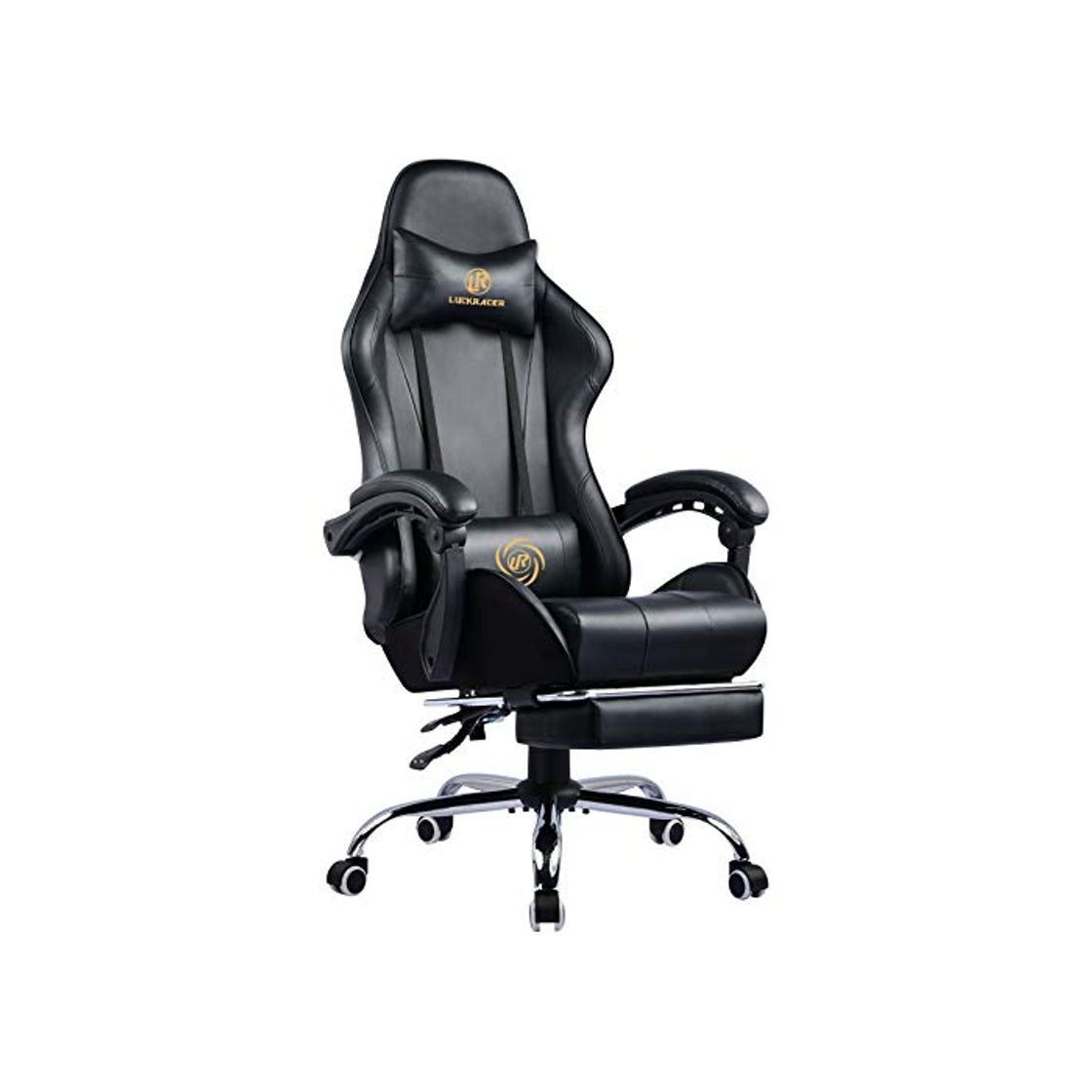 Product LUCKRACER Silla Gaming Escritorio con Reposapiés Oficina Cojín Lumbar para Masaje Reposabrazos de Carreras Respaldo Alto de Cuero PU