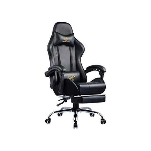 LUCKRACER Silla Gaming Escritorio con Reposapiés Oficina Cojín Lumbar para Masaje Reposabrazos de Carreras Respaldo Alto de Cuero PU