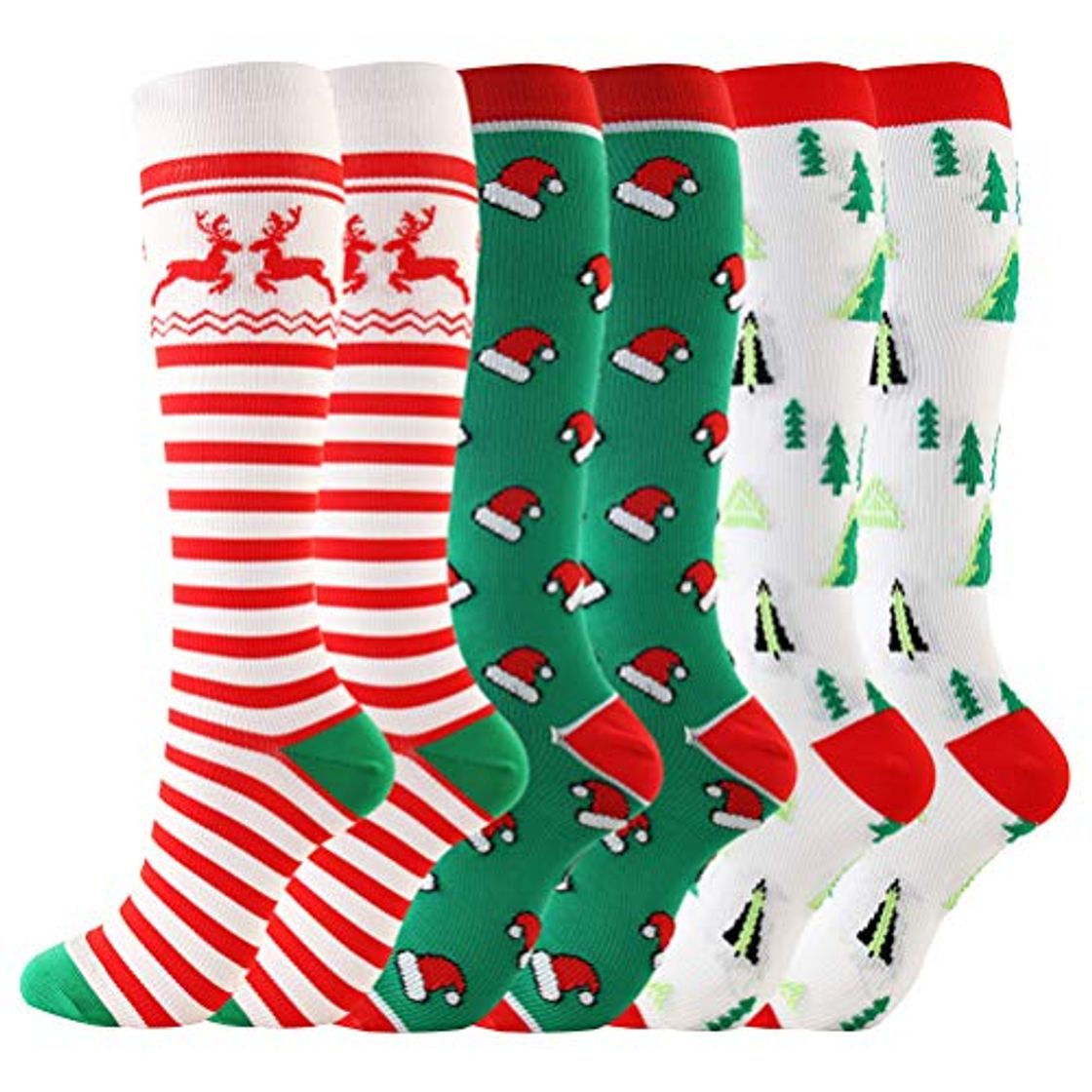 Fashion LIOOBO 3 pares de calcetines largos de compresión navideños de renos de nylon patrón de árbol de navidad calcetines hasta la rodilla medias absorbentes de sudor para correr maratón atlético