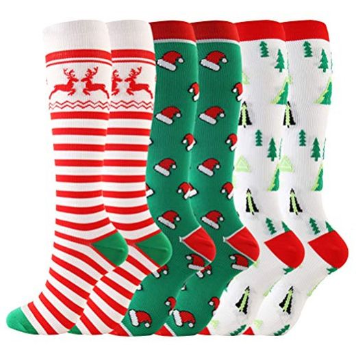 LIOOBO 3 pares de calcetines largos de compresión navideños de renos de nylon patrón de árbol de navidad calcetines hasta la rodilla medias absorbentes de sudor para correr maratón atlético
