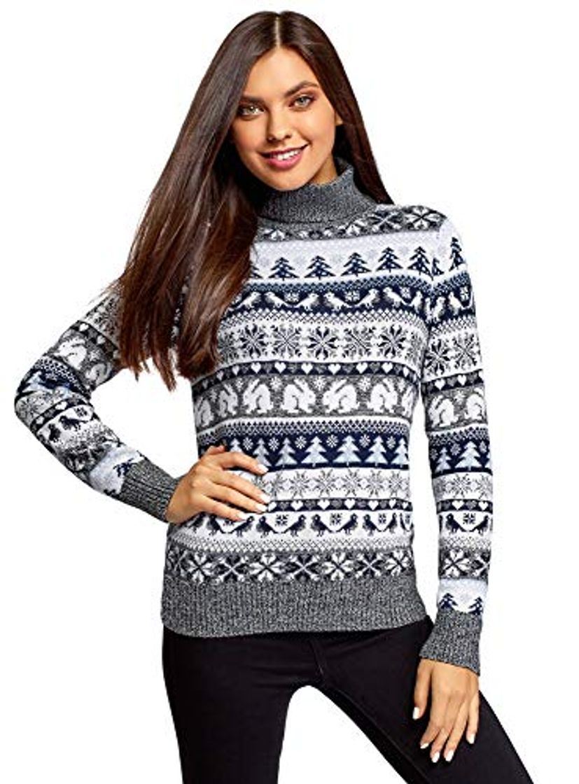 Fashion oodji Ultra Mujer Suéter Navideño Recto con Decoración de Invierno, Gris, ES