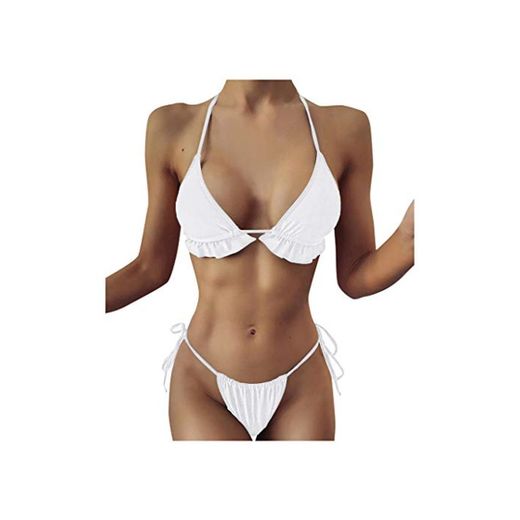 Sylar Bikinis Mujer 2020 Brasileños Push Up Sexy Color Sólido Cuello Hálter Conjunto de Bikini con Volantes Ropa de Playa Traje de Baño Dos Piezas Tanga Bikini Bañadores