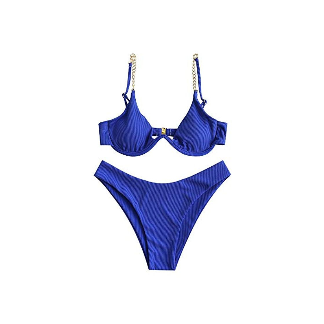 Fashion ZAFUL Bikini de dos piezas con correa de cadena acanalada para mujer azul S