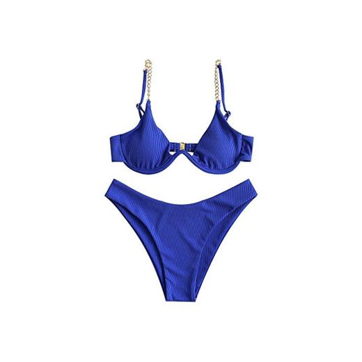 ZAFUL Bikini de dos piezas con correa de cadena acanalada para mujer azul S