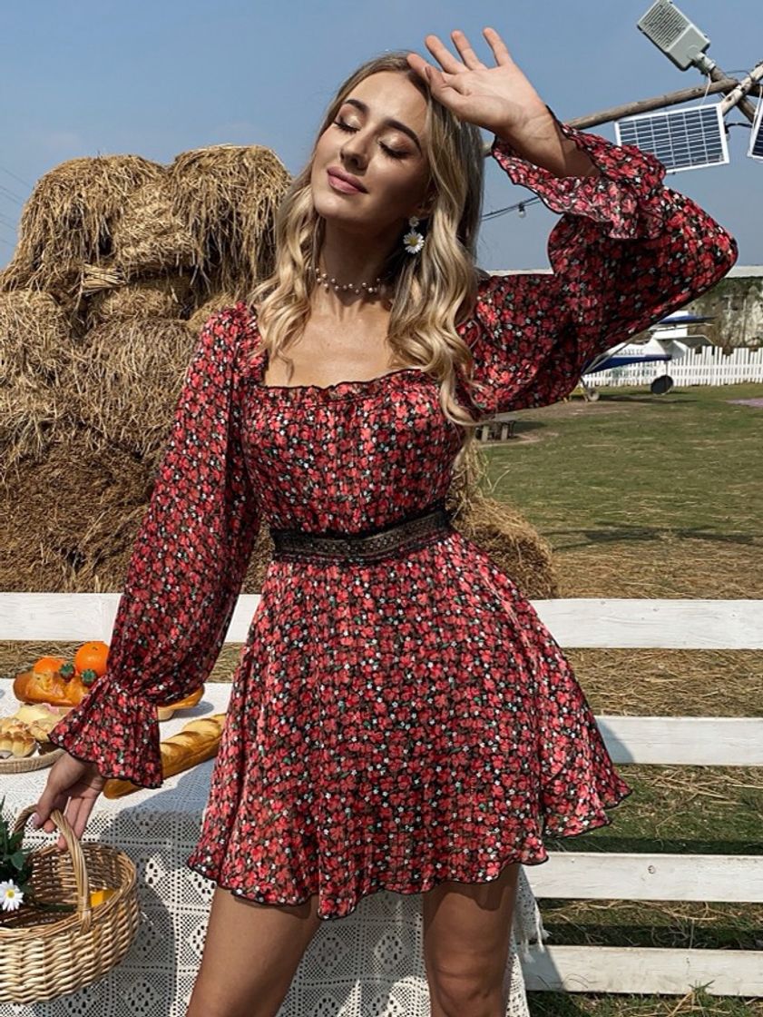 Social Bell Sleeve Frill Trim Lace Insert Ditsy Floral Dress