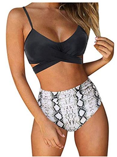 Eledobby 2 Piezas Traje de Baño para Mujer Sexy Bikinis de Cintura Alta Conjuntos Traje de Baño Acolchado Trajes de Baño para Mujer para Natación en la Playa Negro L