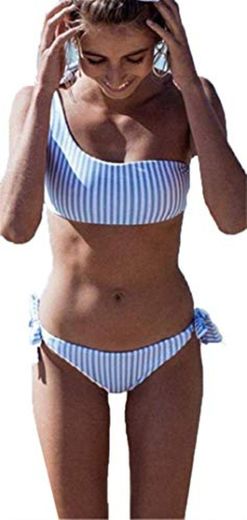 Yutdeng Conjunto de Bikini Rayas Un Hombro Mujer Traje de Baño Brasileños Trajes de 2 Piezas Halter Push Up Bikini Sexy Bandeau Cover up Ropa de Playa