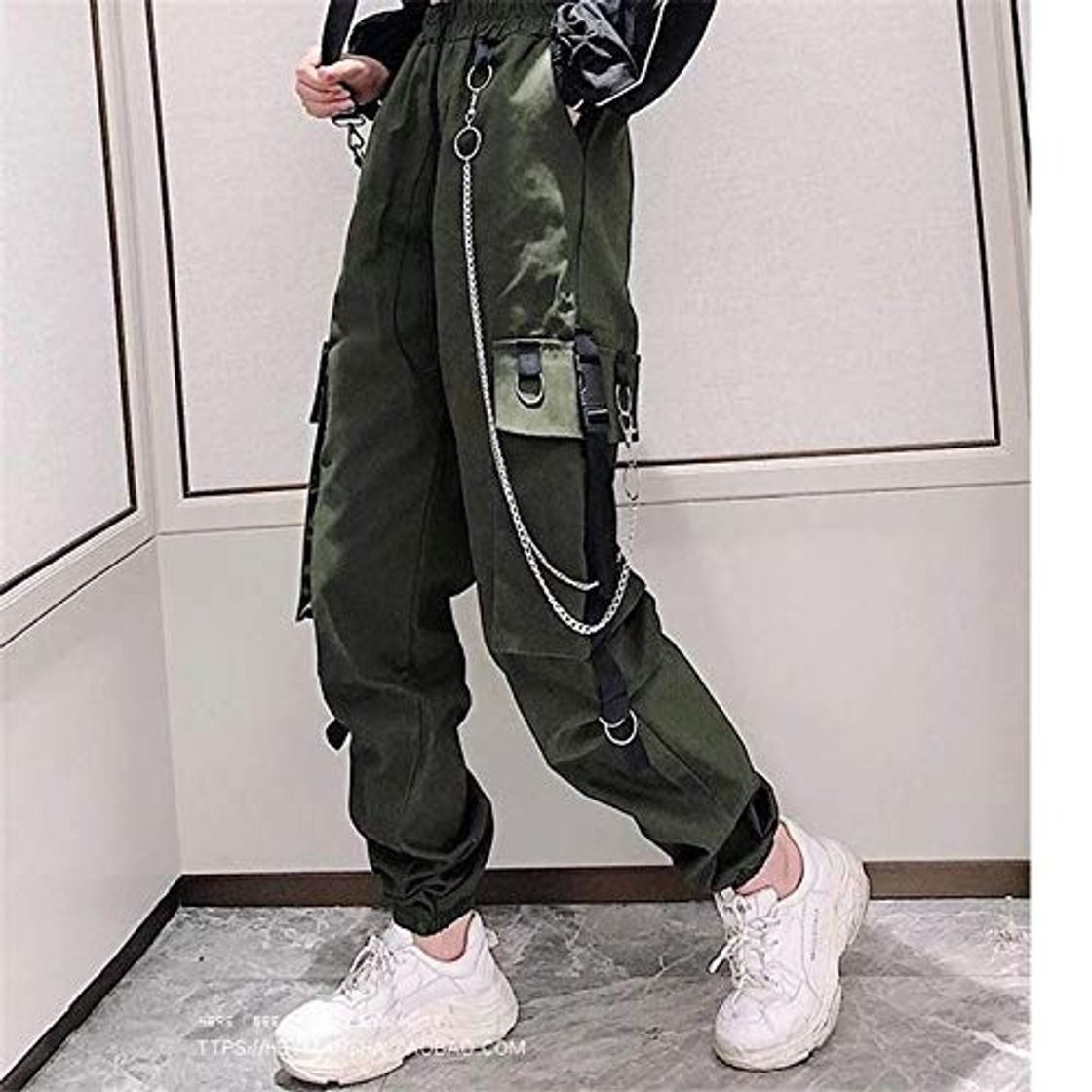 Fashion haochenli188 Women's Cargo Pants Buckle Ribbon Pocket Jogger Elastic Waist High Streetwear Harajuku Pant Punk Ring Chain Females Trousers XL Green