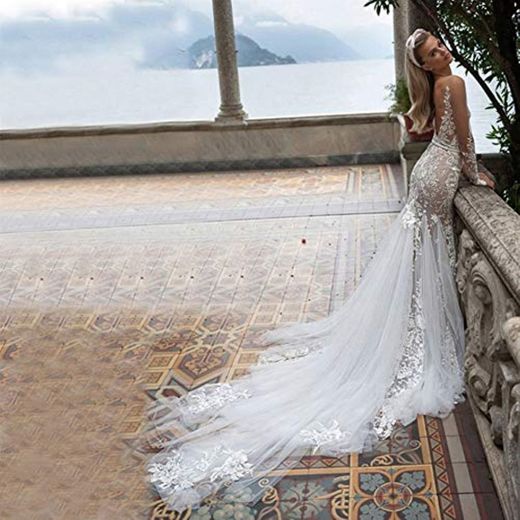 WANGMEILING Vestido de novia blanco Vestidos de novia 2020 Simlple sirena bordado
