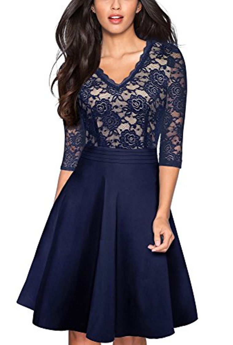 Social HOMEYEE Mujer Vintage 3/4 Mangas de Encaje Floral Bordado cóctel Flared Vestido